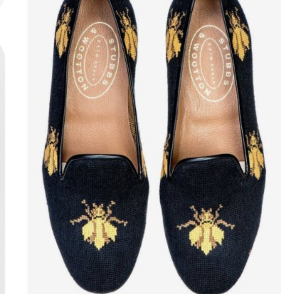 STUBBS & WOOTON Bee Black Needlepoint Slipper - Size 9 - Picture 3 of 17